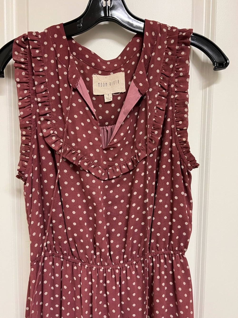 Moon River Midi Mauve Polka Dot Dress Tired Ruffle Cottage Accents - Size Med - Picture 3 of 5
